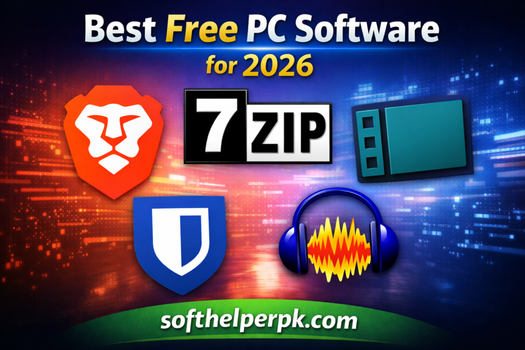 Best free PC software for 2026 including Brave Browser, 7-Zip, Shotcut, Bitwarden and Audacity on Windows PC