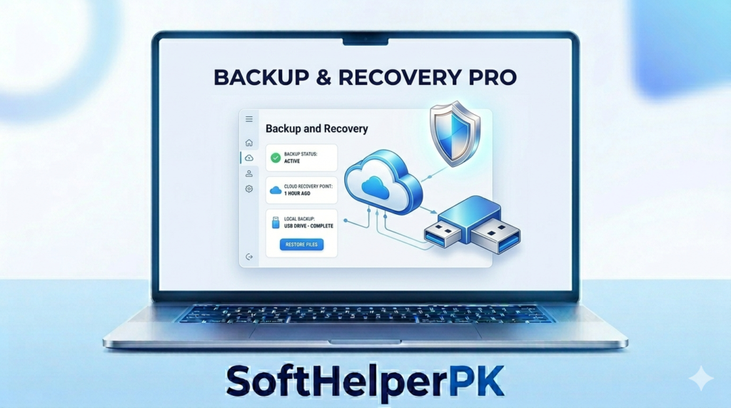 File backup and recovery setup shown on a laptop screen