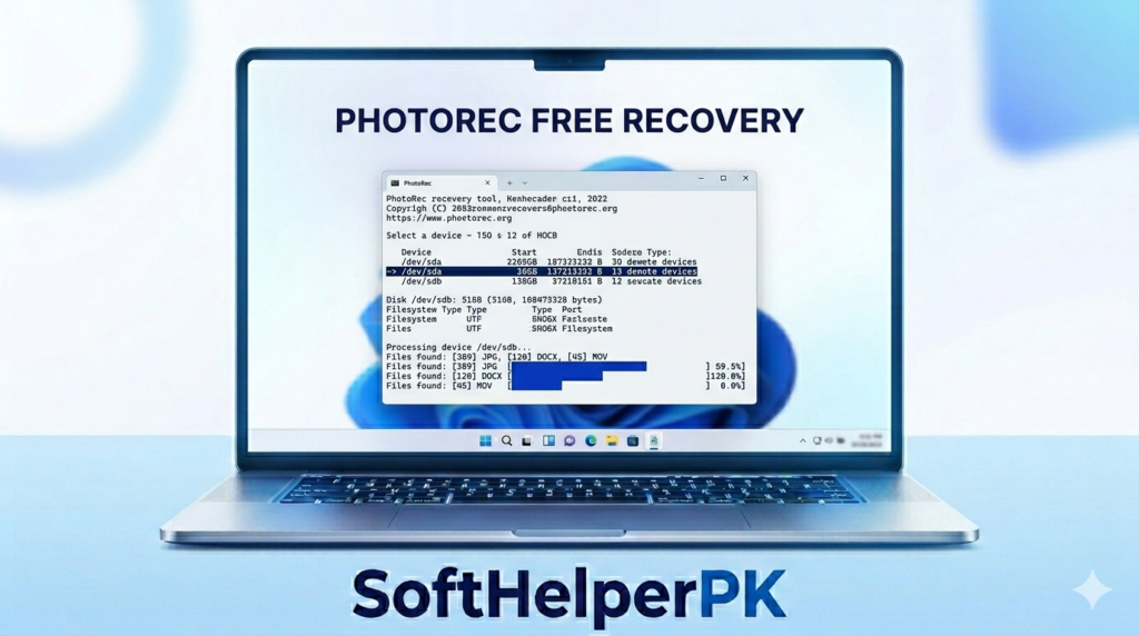 PhotoRec free file recovery tool running on a laptop