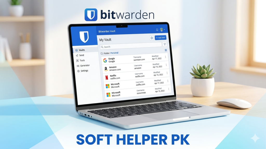 Bitwarden free password manager open on a laptop screen